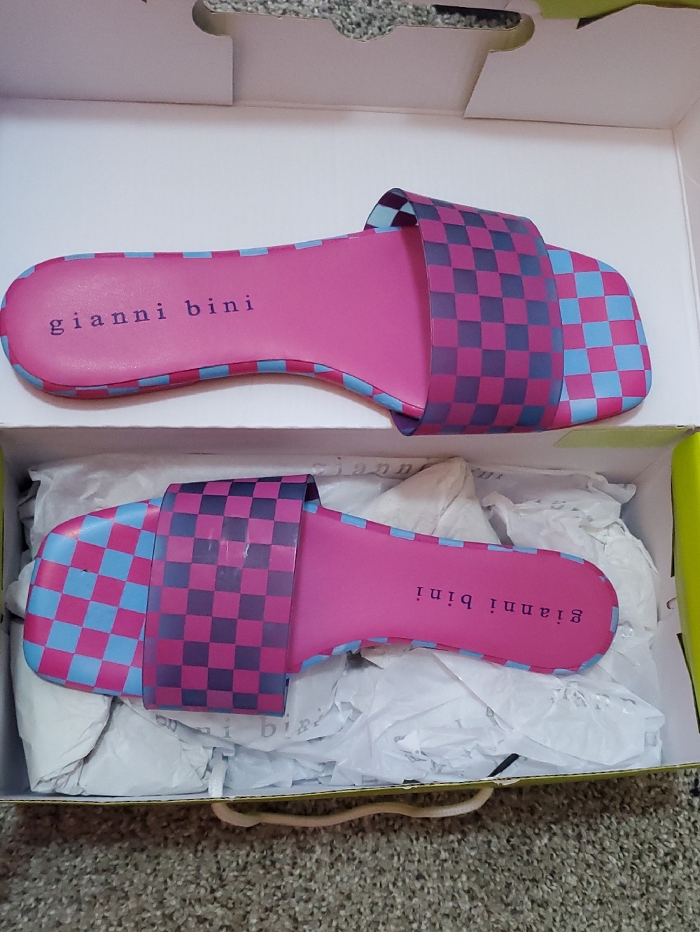 Gianni Bini Pink & Light Blue Checker Slide Sandals